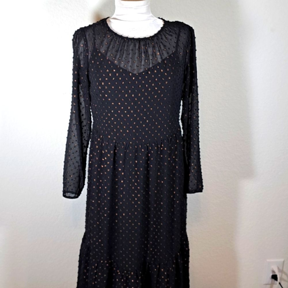 GAP Women’s Dress Black Tiered Metallic Swiss Dot Sheer Slip Midi Dress Size 2P